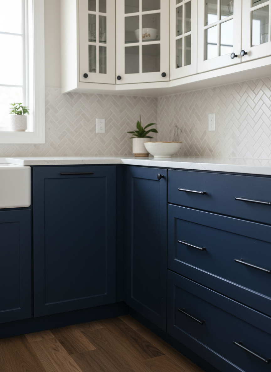 A close-up, photographic view of a stylish kitchen corner featuring two-tone cabinetry: deep navy lower cabinets with clean lines and smooth finish crowned by a pale marble-look quartz countertop, and warm white uppers with glass-front doors. The backsplash is a herringbone-patterned ceramic tile in a light stone color, meeting a medium-toned engineered wood plank floor. Sleek black bar pulls and knobs stand out crisply against the cabinetry. Soft, diffused natural light from the left creates subtle highlights on the countertop edge and gentle shadows in the tile texture. Shot at countertop height with moderate depth of field, the focus remains sharp on surfaces and hardware, with the background slightly softened. The mood is refined and confident, conveying precision installation and high-quality materials, with no people or logos present.