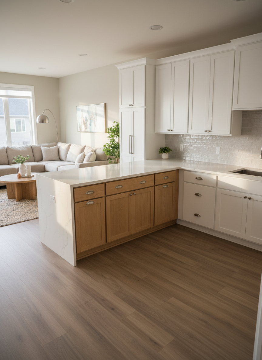 A bright, open concept living and kitchen area displaying a full suite of home finishes: matte white upper cabinets, natural oak lower cabinets, a waterfall-edge quartz countertop, and textured subway tile backsplash in a soft gray. The flooring is wide-plank luxury vinyl in a neutral oak tone, continuing seamlessly into the adjacent seating area. Brushed nickel hardware on drawers and doors catches the light from large, unseen windows, with soft afternoon sunlight casting gentle, realistic shadows across the room. Photographic realism from a slightly elevated corner angle, emphasizing depth and flow between spaces. The mood is welcoming yet professional, highlighting coordinated materials and long-lasting surfaces in a complete, polished installation, with no people or branding elements.