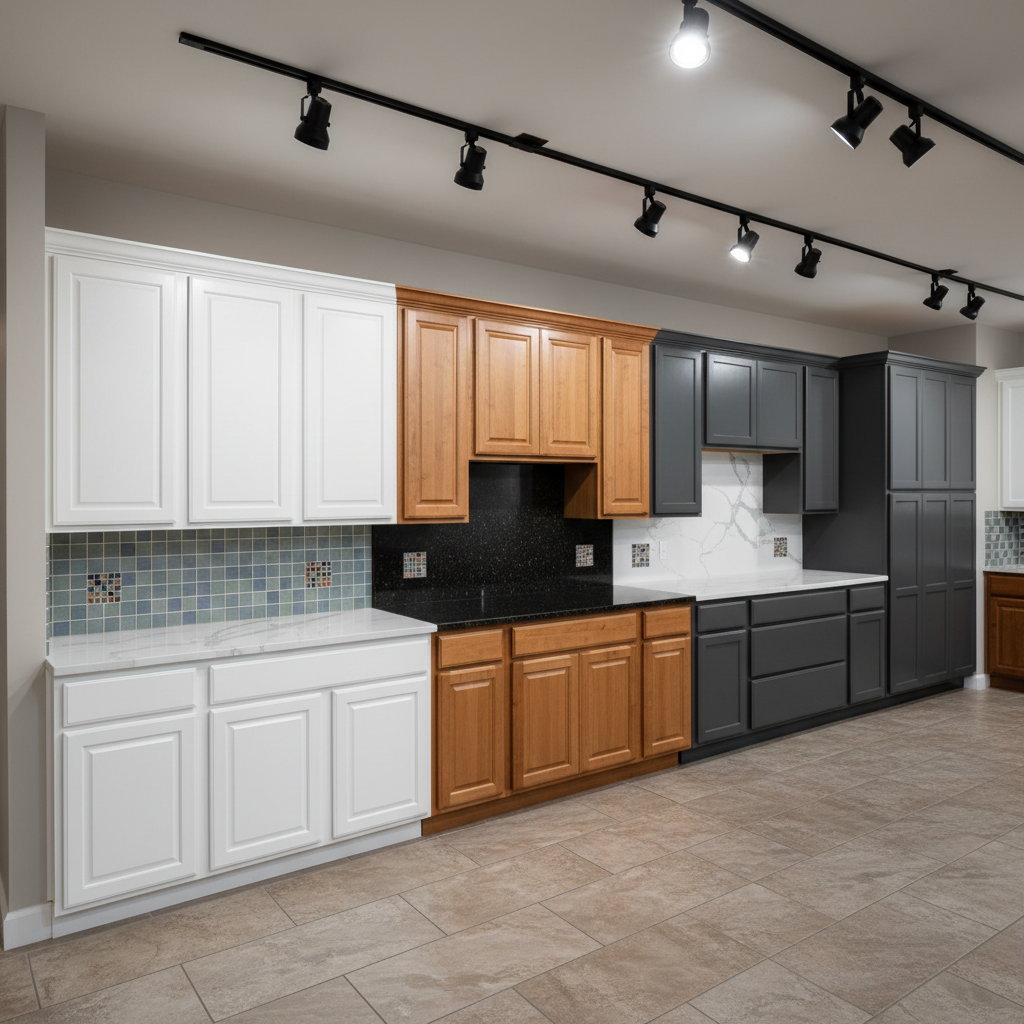 A dedicated showroom vignette capturing multiple cabinet and countertop styles in one composition. Along one wall, full-height display cabinets in three distinct finishes—painted white shaker, warm stained maple, and sleek charcoal flat-panel—are each paired with different quartz and granite countertops. Beneath, a continuous run of neutral porcelain tile flooring in a stone pattern anchors the scene. Small, integrated shelving niches lined with contrasting tile samples add visual interest without clutter. Overhead track lighting provides focused, professional illumination, creating realistic highlights and shadows that reveal texture and depth in each material. Photographic realism, shot with a wide-angle lens from slightly off-center, allowing all finishes to be clearly compared. The atmosphere is organized and professional, emphasizing variety, quality, and expert installation, with no people or visible logos.